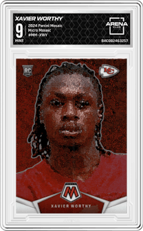 Xavier Worthy from the 2024 Panini Mosaic set and given an overall grade of 9.