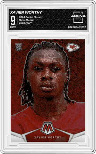 Xavier Worthy from the 2024 Panini Mosaic set graded by Arena Club and given an overall grade of 9.