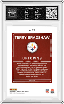 Terry Bradshaw from the 2024 Donruss Optic set and given an overall grade of 9.5.