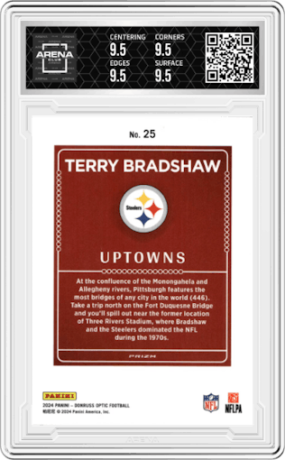 Terry Bradshaw from the 2024 Donruss Optic set graded by Arena Club and given an overall grade of 9.5.