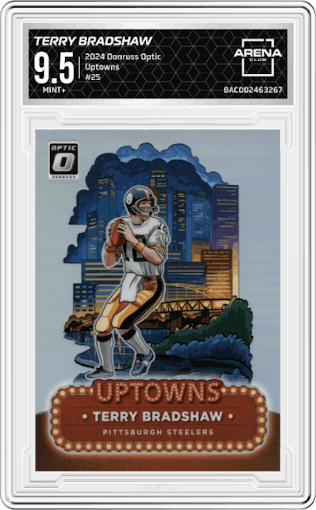 Terry Bradshaw from the 2024 Donruss Optic set graded by Arena Club and given an overall grade of 9.5.