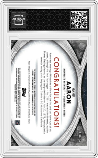 Hank Aaron from the 2017 Topps Finest set featuring a Red Refractor parallel graded by Arena Club.