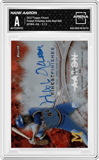 Hank Aaron from the 2017 Topps Finest set featuring a Red Refractor parallel graded by Arena Club.