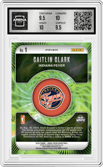 Caitlin Clark from the 2024 Panini Prizm WNBA set featuring a Green Prizm parallel and given an overall grade of 10.