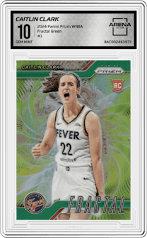 Caitlin Clark from the 2024 Panini Prizm WNBA set featuring a Green Prizm parallel and given an overall grade of 10.