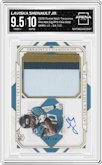 Laviska Shenault Jr. from the 2020 Panini National Treasures set featuring a Holo Gold parallel graded by Arena Club and given an overall grade of 9.5.