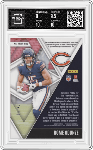 Rome Odunze from the 2024 Panini Phoenix set featuring a Red parallel graded by Arena Club and given an overall grade of 9.5.