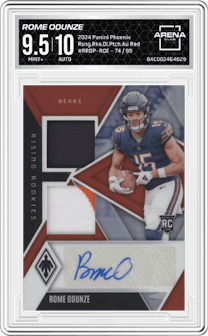 Rome Odunze from the 2024 Panini Phoenix set featuring a Red parallel graded by Arena Club and given an overall grade of 9.5.
