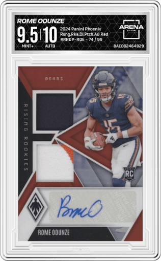 Rome Odunze from the 2024 Panini Phoenix set featuring a Red parallel graded by Arena Club and given an overall grade of 9.5.