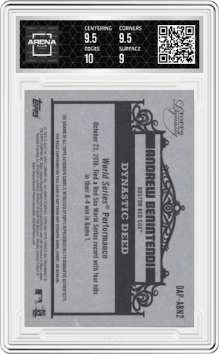 Andrew Benintendi from the 2019 Topps Dynasty set featuring a Silver parallel graded by Arena Club and given an overall grade of 9.5.