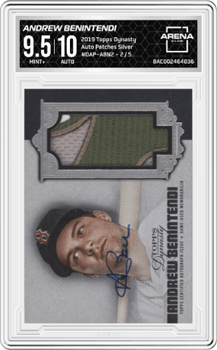 Andrew Benintendi from the 2019 Topps Dynasty set featuring a Silver parallel graded by Arena Club and given an overall grade of 9.5.