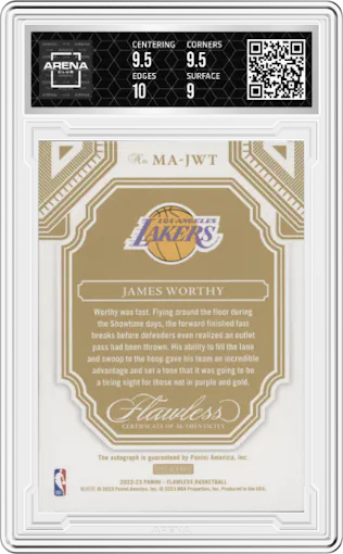 James Worthy from the 2022-23 Panini Flawless set graded by Arena Club and given an overall grade of 9.5.