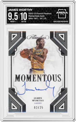 James Worthy from the 2022-23 Panini Flawless set graded by Arena Club and given an overall grade of 9.5.