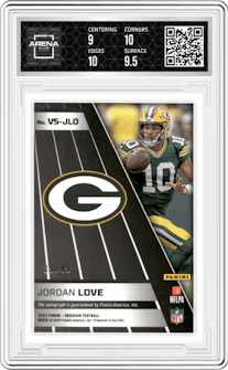 Jordan Love from the 2023 Panini Obsidian set featuring a Electric Etch Orange parallel graded by Arena Club and given an overall grade of 9.5.