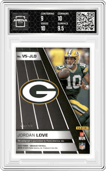 Jordan Love from the 2023 Panini Obsidian set featuring a Electric Etch Orange parallel and given an overall grade of 9.5.