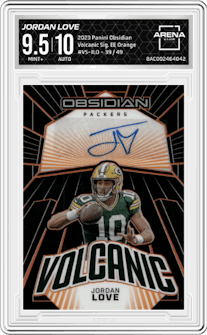 Jordan Love from the 2023 Panini Obsidian set featuring a Electric Etch Orange parallel graded by Arena Club and given an overall grade of 9.5.