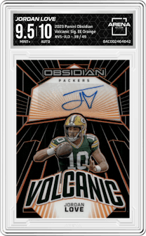 Jordan Love from the 2023 Panini Obsidian set featuring a Electric Etch Orange parallel and given an overall grade of 9.5.