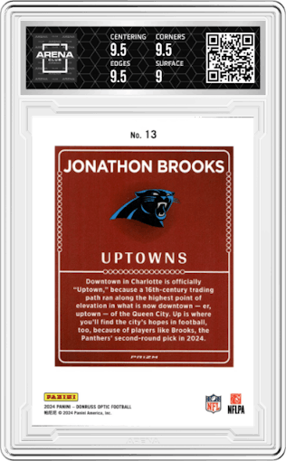 Jonathon Brooks  from the 2024 Donruss Optic set graded by Arena Club and given an overall grade of 9.5.