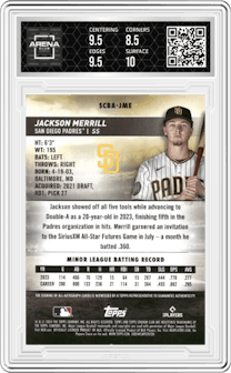 Jackson Merrill from the 2024 Topps Stadium Club set graded by Arena Club and given an overall grade of 9.