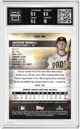 Jackson Merrill from the 2024 Topps Stadium Club set graded by Arena Club and given an overall grade of 9.