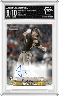 Jackson Merrill from the 2024 Topps Stadium Club set graded by Arena Club and given an overall grade of 9.