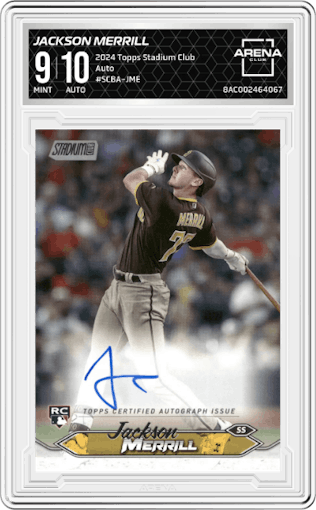 Jackson Merrill from the 2024 Topps Stadium Club set graded by Arena Club and given an overall grade of 9.