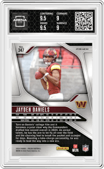 Jayden Daniels from the 2024 Panini Prizm set featuring a Lazer Prizm parallel graded by Arena Club and given an overall grade of 9.5.