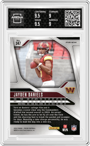 Jayden Daniels from the 2024 Panini Prizm set featuring a Lazer Prizm parallel graded by Arena Club and given an overall grade of 9.5.