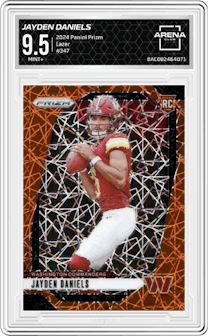 Jayden Daniels from the 2024 Panini Prizm set featuring a Lazer Prizm parallel graded by Arena Club and given an overall grade of 9.5.