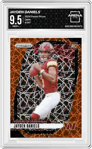 Jayden Daniels from the 2024 Panini Prizm set featuring a Lazer Prizm parallel graded by Arena Club and given an overall grade of 9.5.