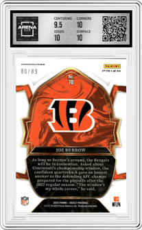 Joe Burrow from the 2022 Panini Select set featuring a  Dragon Scale parallel graded by Arena Club and given an overall grade of 10.