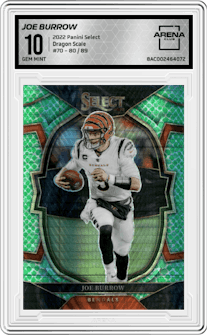Joe Burrow from the 2022 Panini Select set featuring a  Dragon Scale parallel graded by Arena Club and given an overall grade of 10.