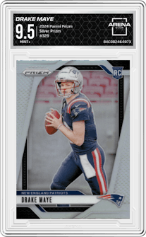 Drake Maye from the 2024 Panini Prizm set featuring a Silver Prizm parallel graded by Arena Club and given an overall grade of 9.5.
