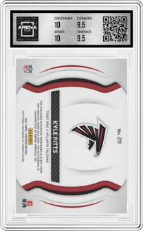 Kyle Pitts  from the 2021 Panini Certified set featuring a Mirror Purple parallel and given an overall grade of 10.