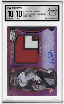 Kyle Pitts  from the 2021 Panini Certified set featuring a Mirror Purple parallel and given an overall grade of 10.