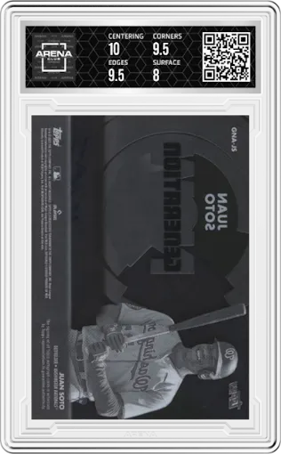 Juan Soto from the 2022 Topps Clearly Authentic set graded by Arena Club and given an overall grade of 8.5.