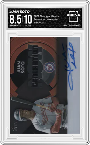 Juan Soto from the 2022 Topps Clearly Authentic set graded by Arena Club and given an overall grade of 8.5.