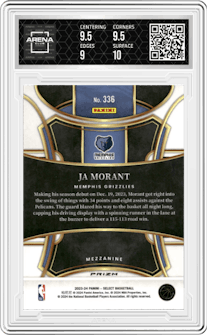Ja Morant from the 2023-24 Panini Select  set featuring a Zebra Prizm parallel graded by Arena Club and given an overall grade of 9.5.