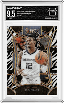 Ja Morant from the 2023-24 Panini Select  set featuring a Zebra Prizm parallel graded by Arena Club and given an overall grade of 9.5.