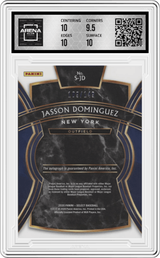 Jasson Dominguez from the 2020 Panini Select set graded by Arena Club and given an overall grade of 10.