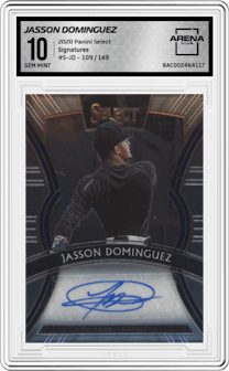Jasson Dominguez from the 2020 Panini Select set graded by Arena Club and given an overall grade of 10.