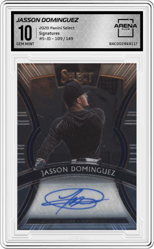 Jasson Dominguez from the 2020 Panini Select set graded by Arena Club and given an overall grade of 10.