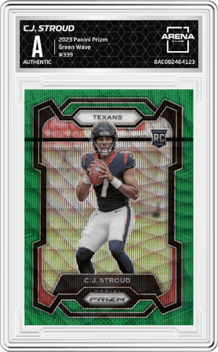 C.J. Stroud from the 2023 Panini Prizm set featuring a Green Wave  parallel graded by Arena Club.