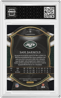 Sam Darnold from the 2020 Panini Select set featuring a Die-Cut Zebra parallel graded by Arena Club and given an overall grade of 0.