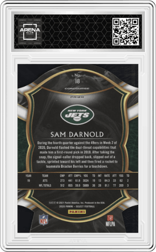 Sam Darnold from the 2020 Panini Select set featuring a Die-Cut Zebra parallel graded by Arena Club.