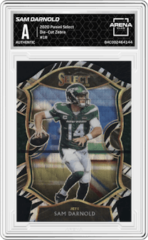Sam Darnold from the 2020 Panini Select set featuring a Die-Cut Zebra parallel graded by Arena Club and given an overall grade of 0.
