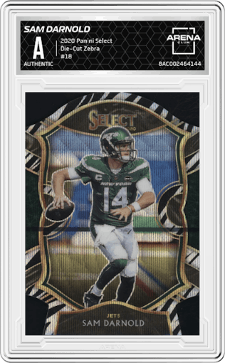 Sam Darnold from the 2020 Panini Select set featuring a Die-Cut Zebra parallel graded by Arena Club.
