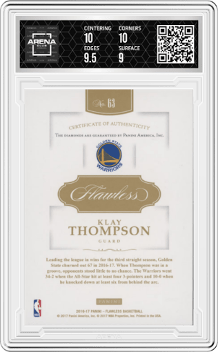 Klay Thompson from the 2016-17 Panini Flawless  set featuring a Double Diamond parallel graded by Arena Club and given an overall grade of 9.5.