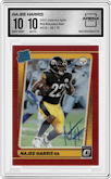 Najee Harris from the 2021 Panini Donruss Optic set featuring a Red parallel graded by Arena Club and given an overall grade of 10.