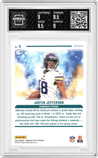 Justin Jefferson from the 2023 Donruss Optic set graded by Arena Club and given an overall grade of 9.5.